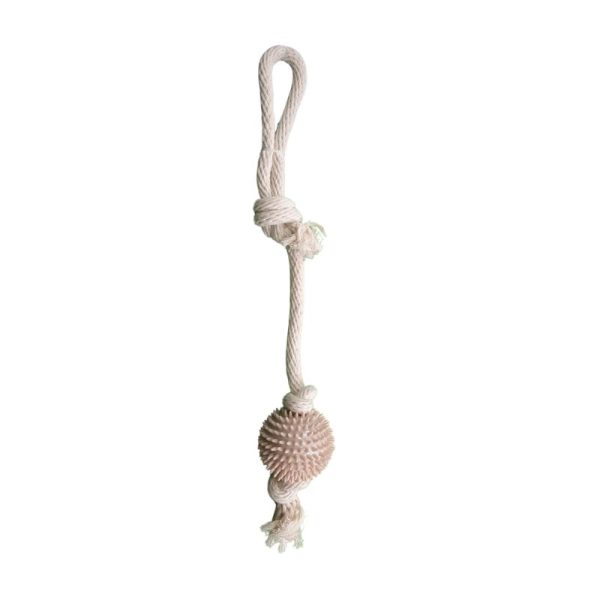 Pelota con Cuerda para Perros es un juguete para mascota con una cuerda de 43 cm color beige con una pelota de goma y púas.