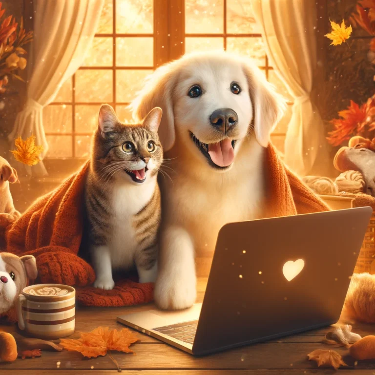 Un perro y un gato muy felices comprando artículos para mascotas en una computadora portátil, con un ambiente acogedor de otoño y una taza de café al lado.