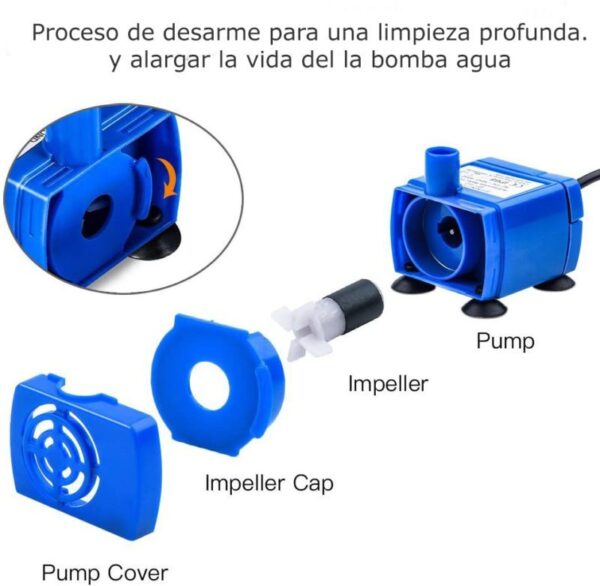 Bomba para Fuente de Agua Inteligente es la bomba de repuesto para las Fuentes de Agua: IT102, IT101, D6609 y similares. El repuesto que necesitas cuando la vida útil de tu bomba llega a su fin.  La bomba está diseñada con tecnología de motor única, ultra silenciosa (por debajo de 40 dB). Tiene 4 ventosas fuertes para una fácil instalación, cable de alimentación para un uso fácil