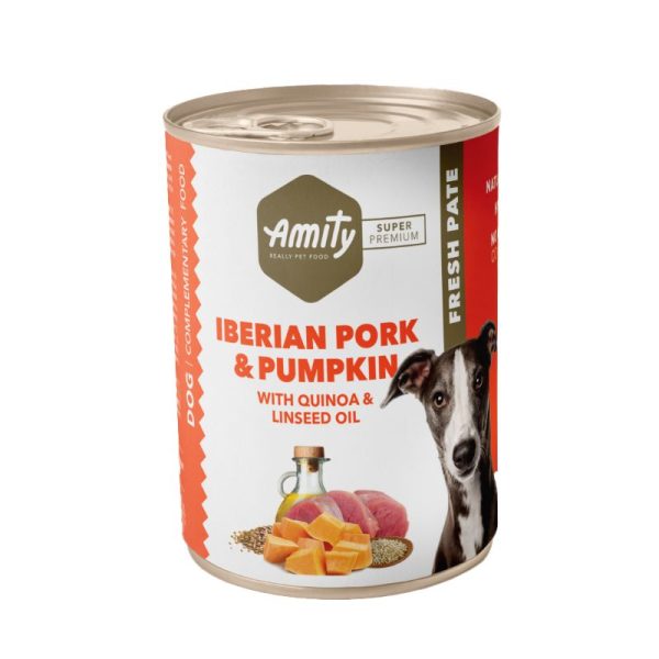 Lata Amity Cerdo Iberico Calabaza es un alimento complementario húmedo para perros con carne de cerdo ibérico que es una fuente de grasa saludable debido a sus altos niveles de ácido oleico. Aporta vitaminas del grupo B y minerales como el hierro y el zinc, componentes que favorecen la vitalidad y energía del día a día.