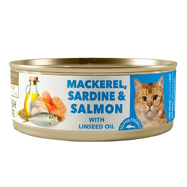 Lata amity GATO ADULTO 80 GRS. CABALLA, SARDINA Y SALMON